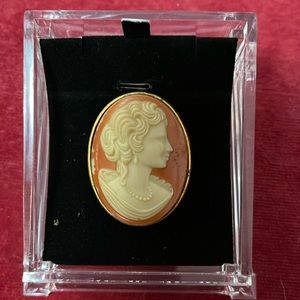 Beautiful cameo brooch is set in gold tone. The cameo itself is not plastic!